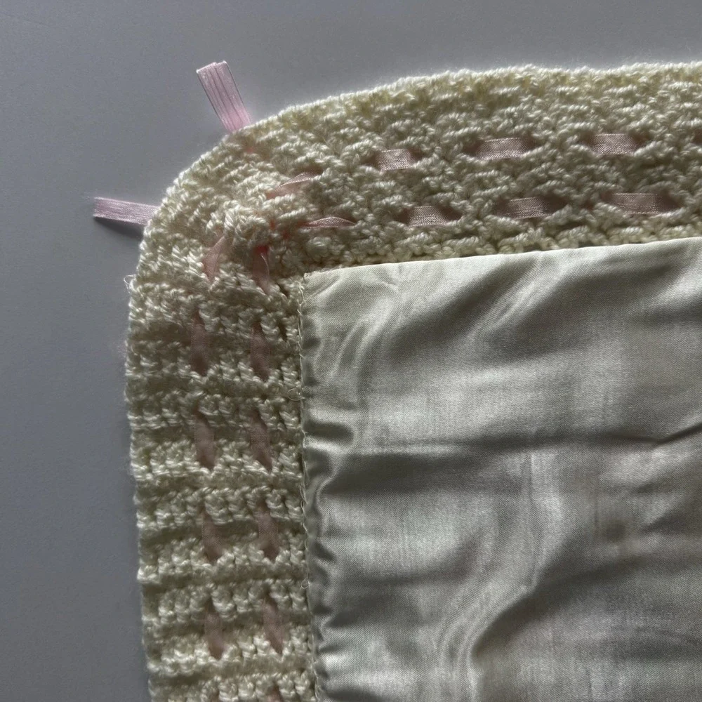 Vintage Cream Pastel Crochet Satin Weave Trim Baby Blanket Approx  25